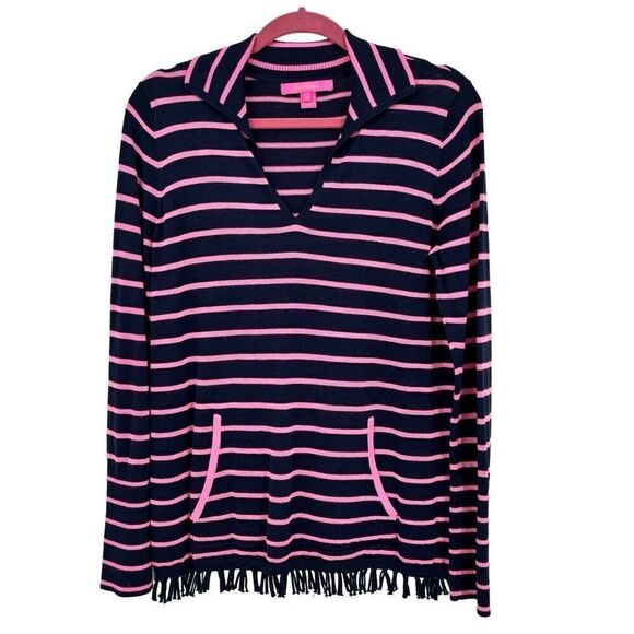 Lilly Pulitzer Crestwood Fringe Pullover Sweater Top Pink/Blue Stripe Small - Picture 3 of 10